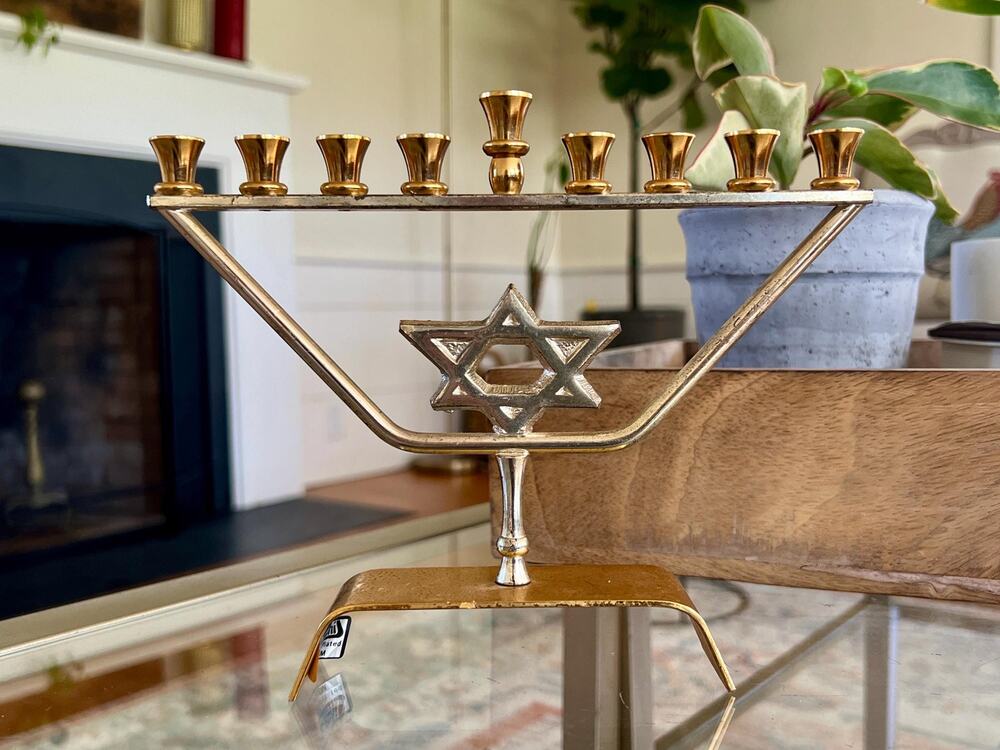 Vintage Kar Shi Brass Menorah Mid Century Judaica Silver Gold Plated Jerusalem